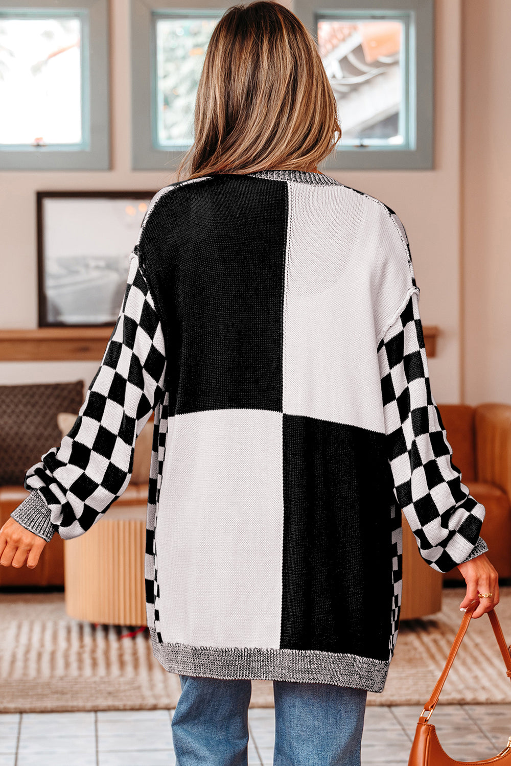 Orange Checkered Open Front Drop Shoulder Cardigan