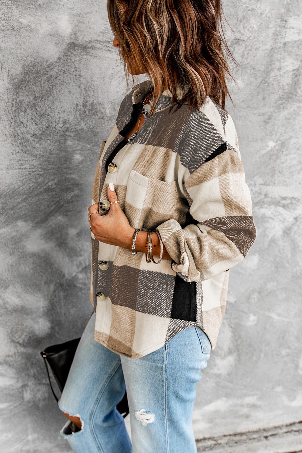 Gray Plaid Color Block Buttoned Long Sleeve Jacket with Pocket