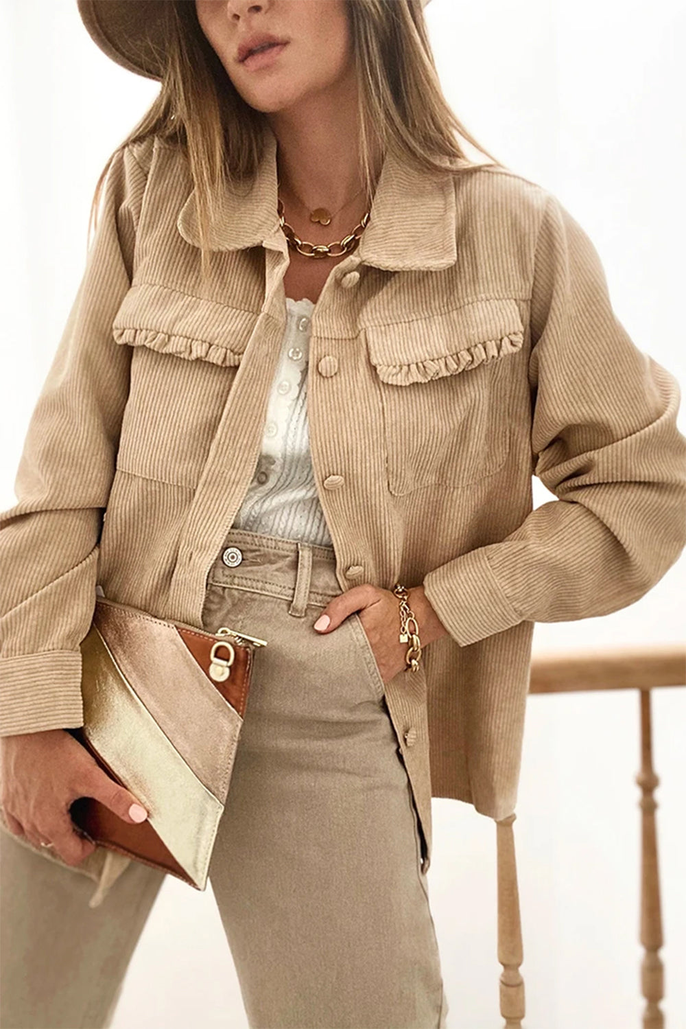 Light French Beige Solid Frilled Flap Pocket Button Up Corduroy Sha...