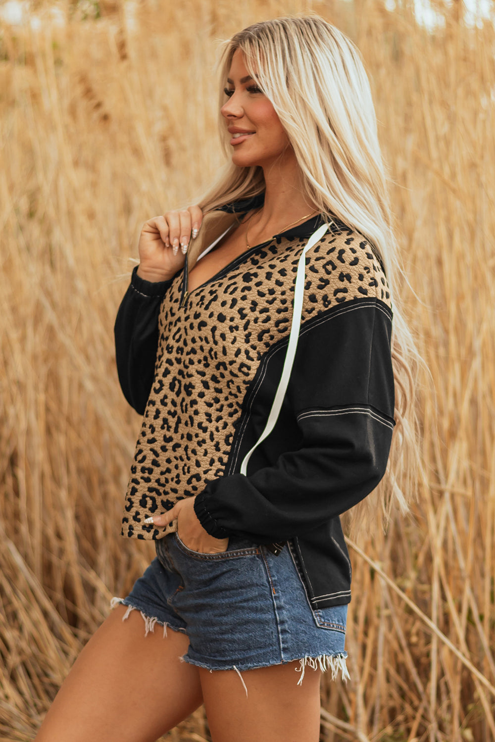 Brown Leopard Patchwork Contrast Stitching Knotted Cuff Quarter Zip