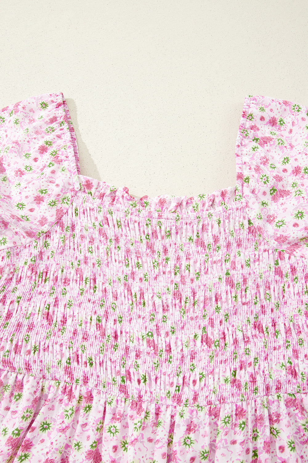 Purple Floral Short Bubble Sleeve Shirred High Waist Maxi Dress