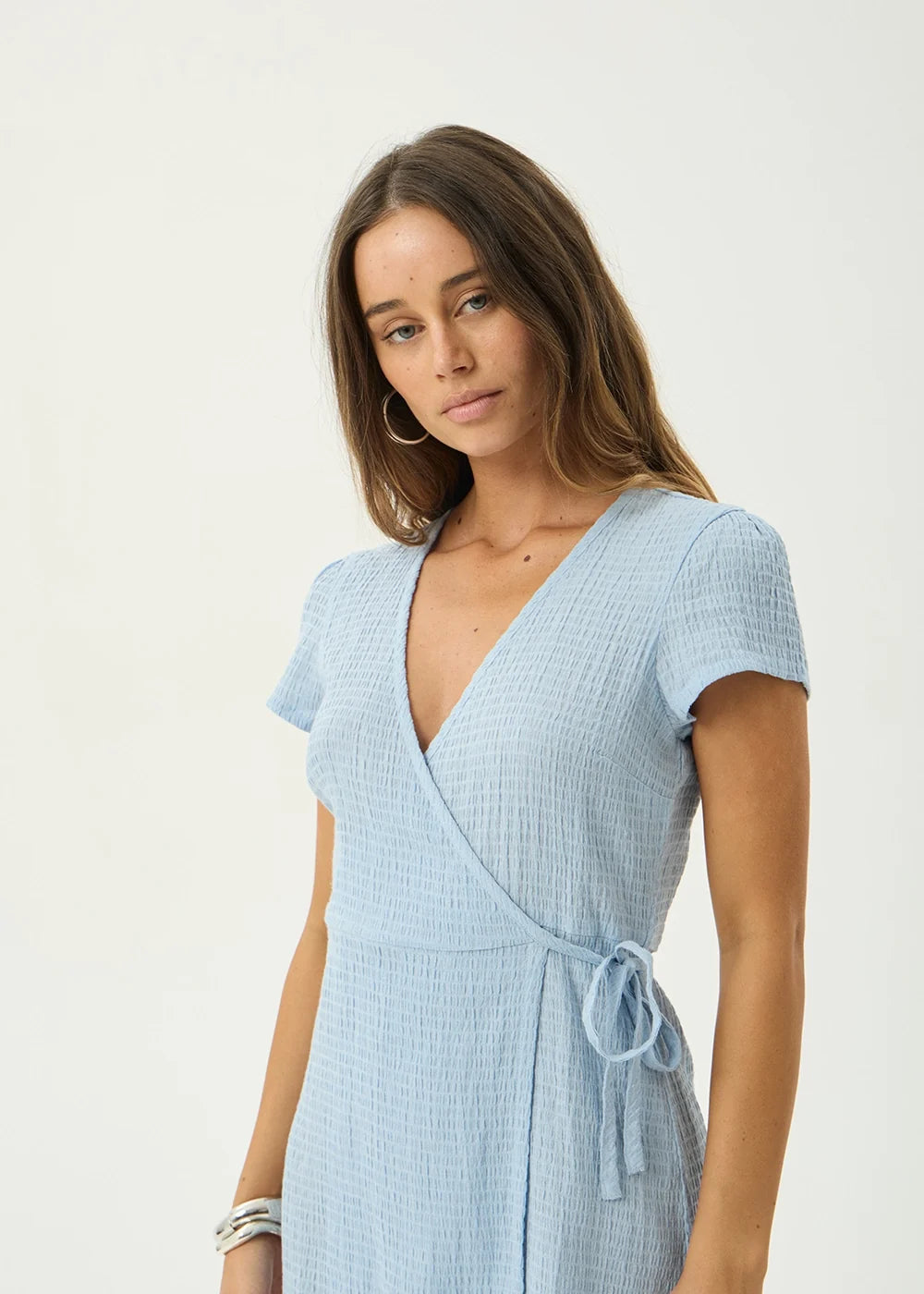 Womens Seersucker Mini Wrap Dress Farah - Blue - AFENDS