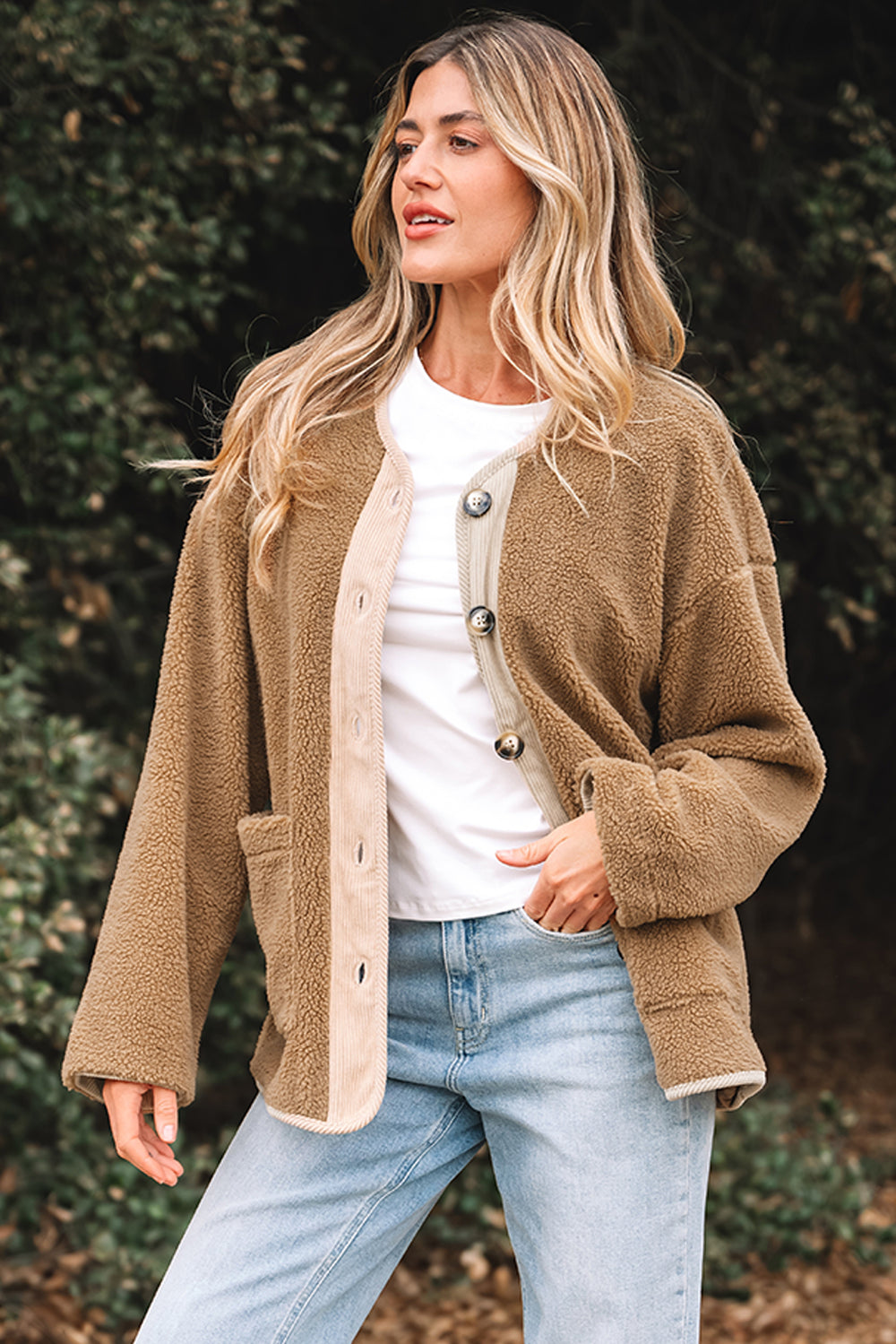 Light French Beige Puffy Plush Corduroy Edge Patchwork Jacket with ...