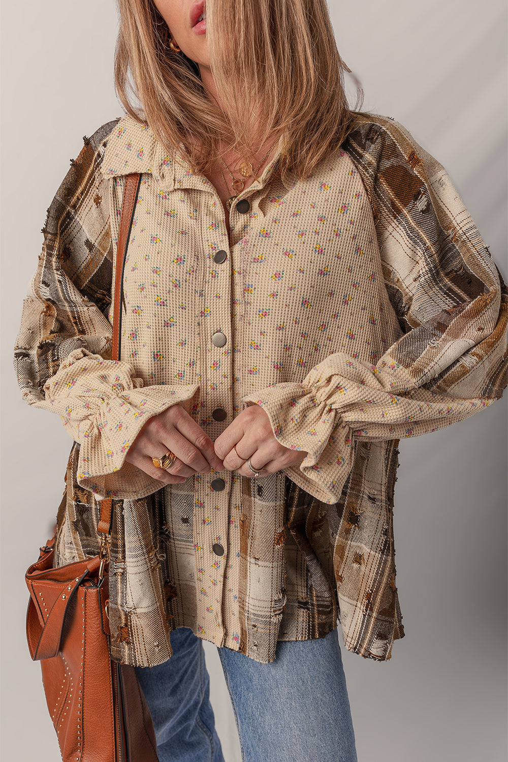 Oatmeal Boho Floral Plaid Patchwork Distressed Detail Ruffled Sleev...