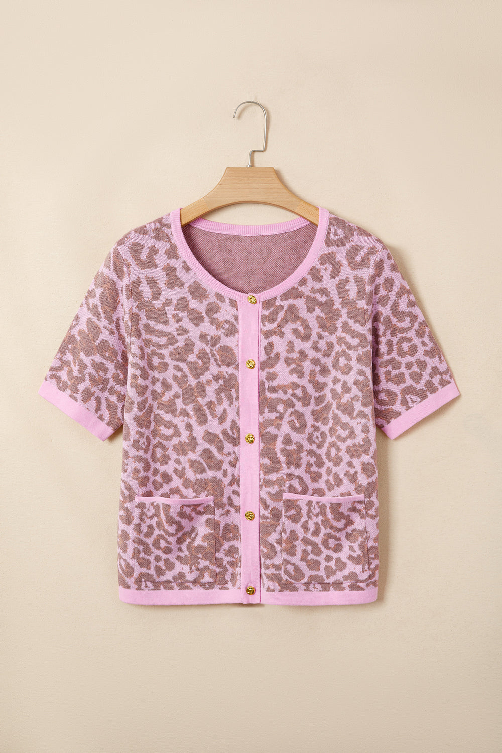 Pink Leopard Button Down Short Sleeve Sweater Cardigan