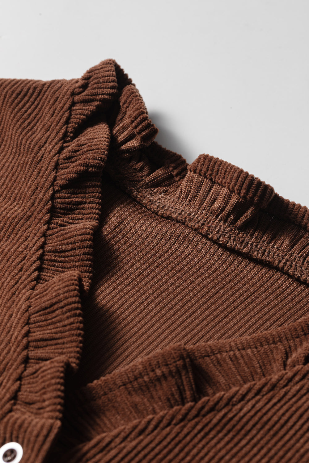 Coffee Solid Color Ruffle Trim V Neck Long Sleeve Button Corduroy S...