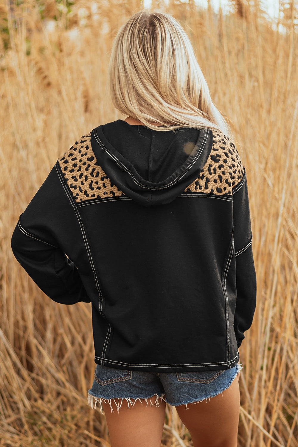 Brown Leopard Patchwork Contrast Stitching Knotted Cuff Quarter Zip