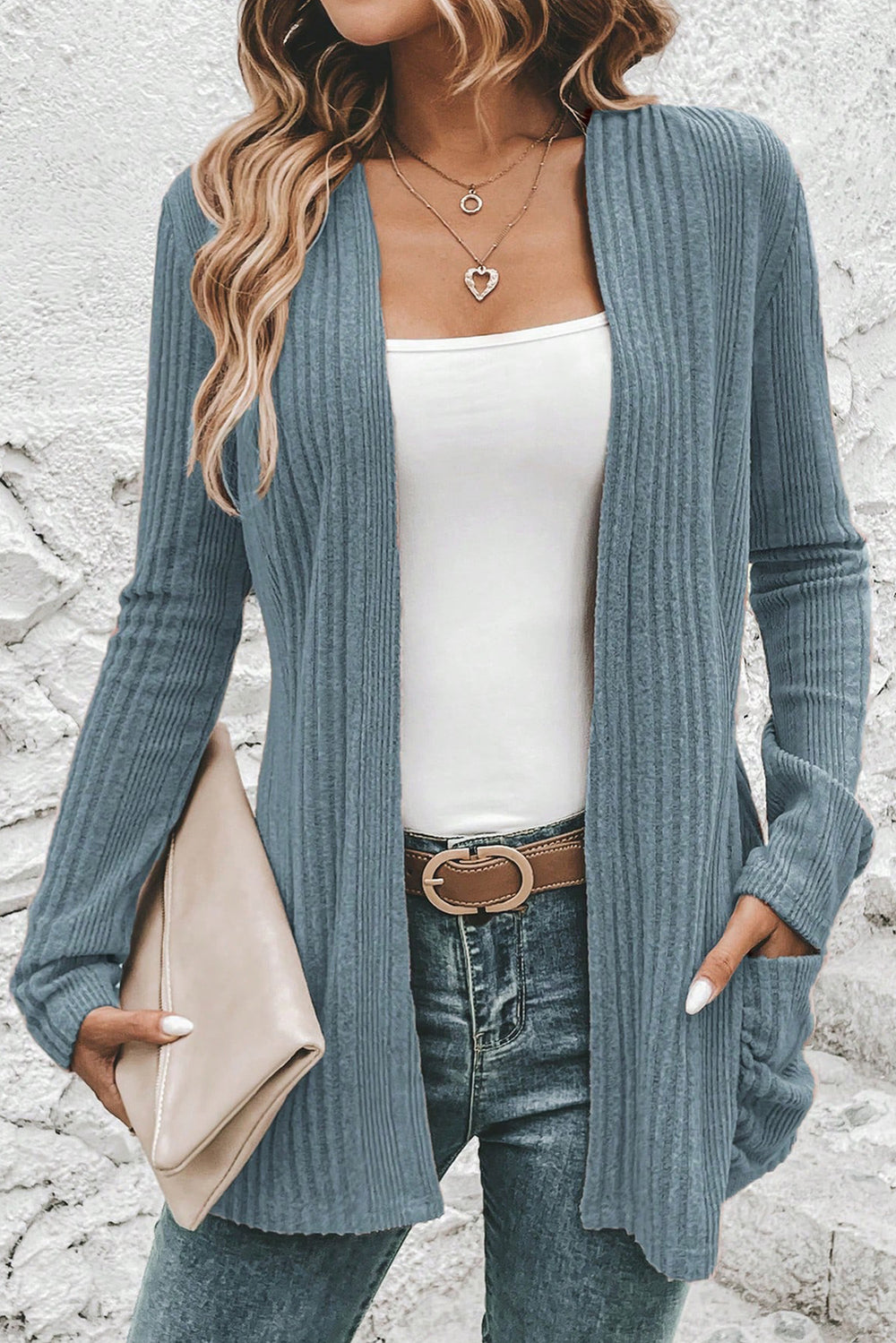 Black Ribbed Open Front Knitted Top with Pockets