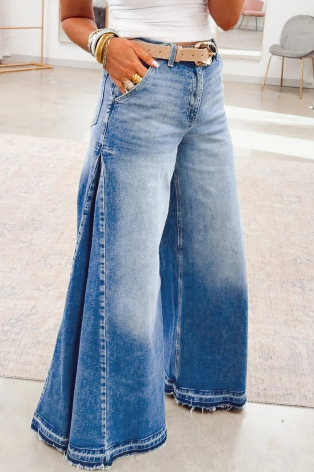 Myosotis Side Seam Gathering Flare Leg Jeans Casual Daily Full-length