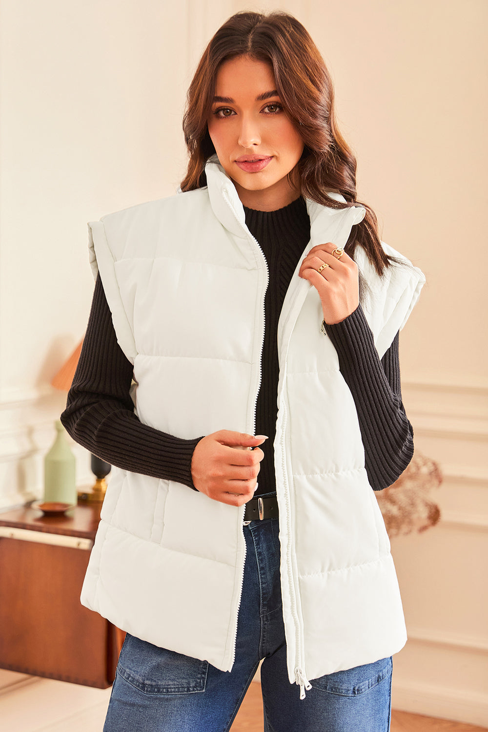 Beige  Zipper Stand Neck Oversized Puffer Vest