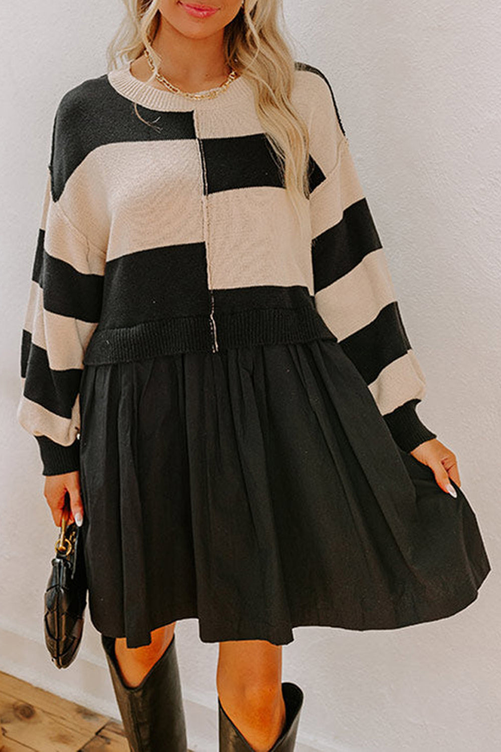 Black Stripe Two in One Knitted Top High Waist Splicing Hem Sweater