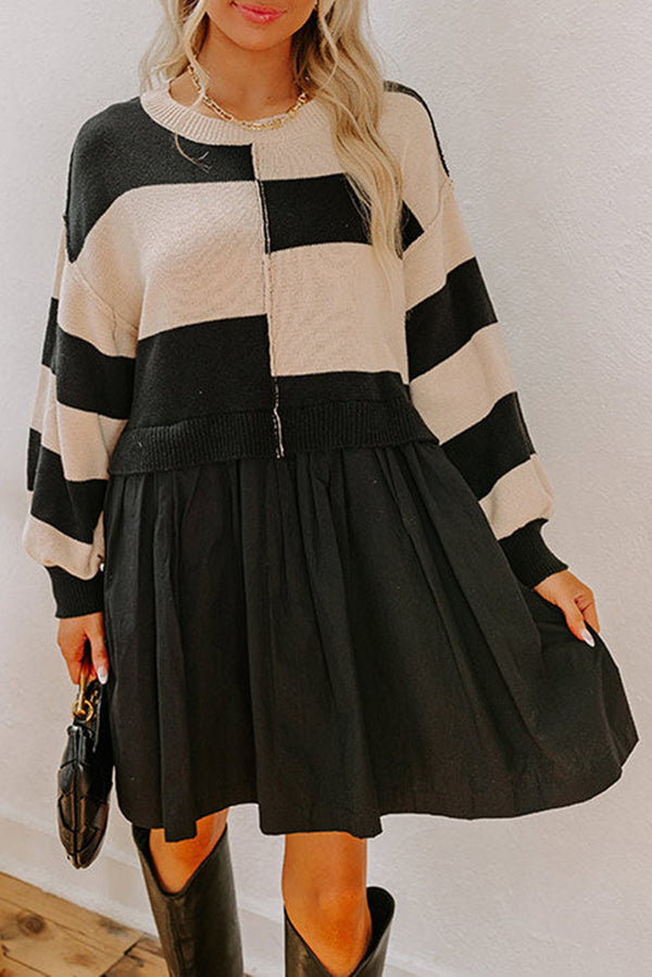 Black Stripe Two in One Knitted Top High Waist Splicing Hem Sweater
