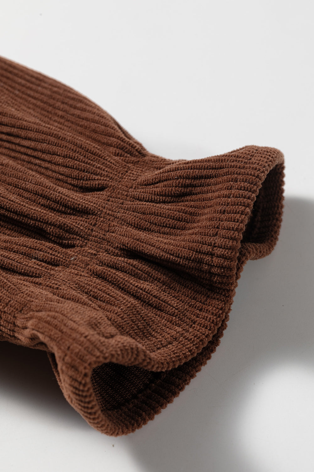 Coffee Solid Color Ruffle Trim V Neck Long Sleeve Button Corduroy S...