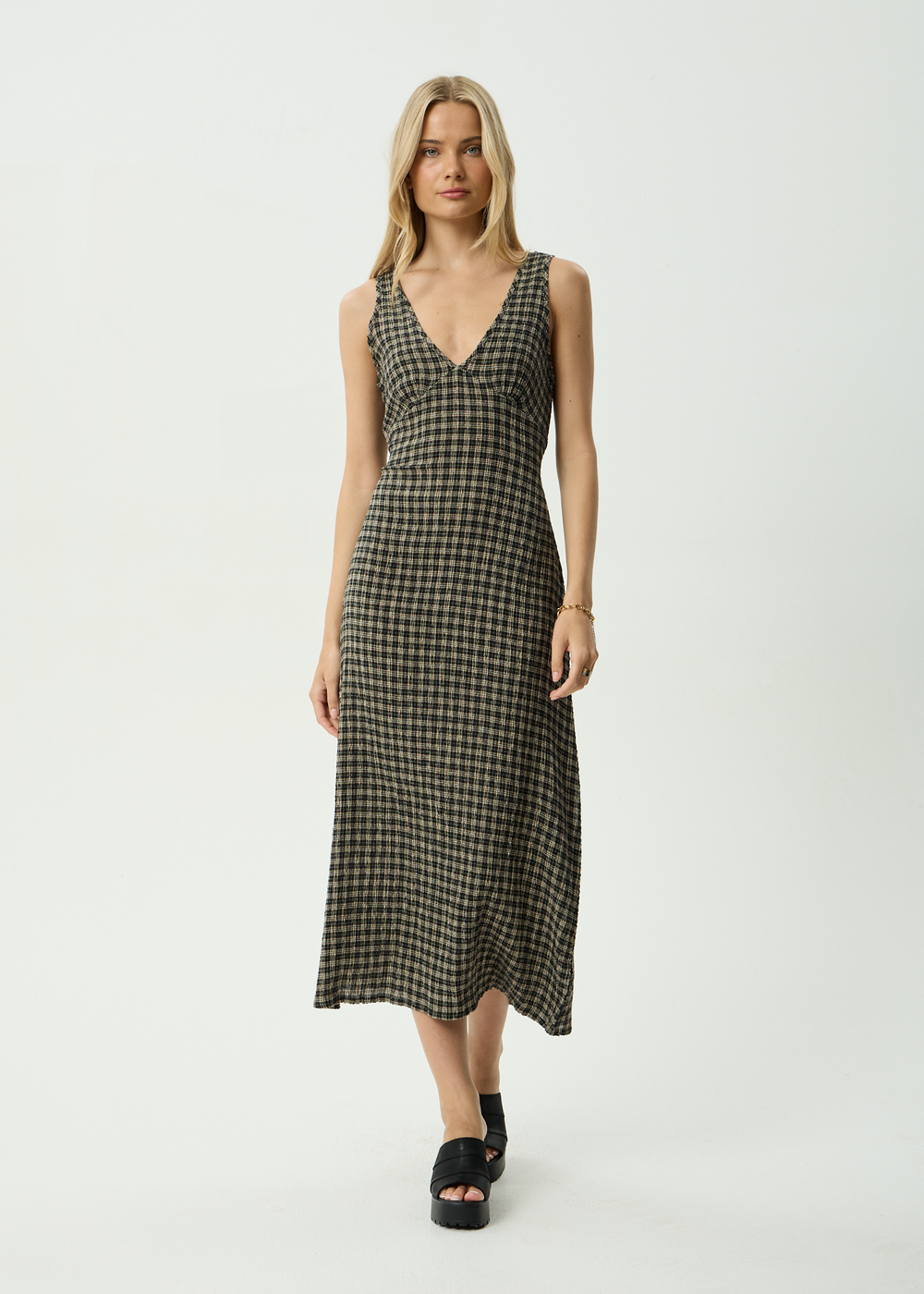 Womens Seersucker Maxi Dress Tully - Tan / Olive Check - AFENDS