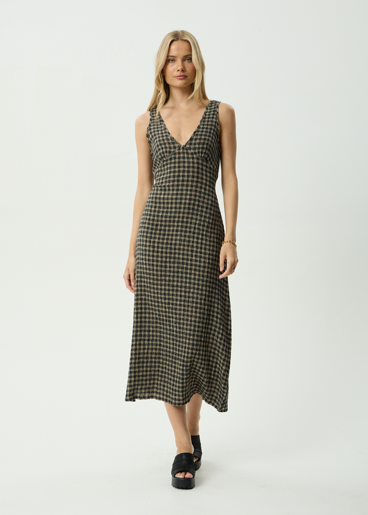 Tully Seersucker Maxi Dress – Tan Olive Check