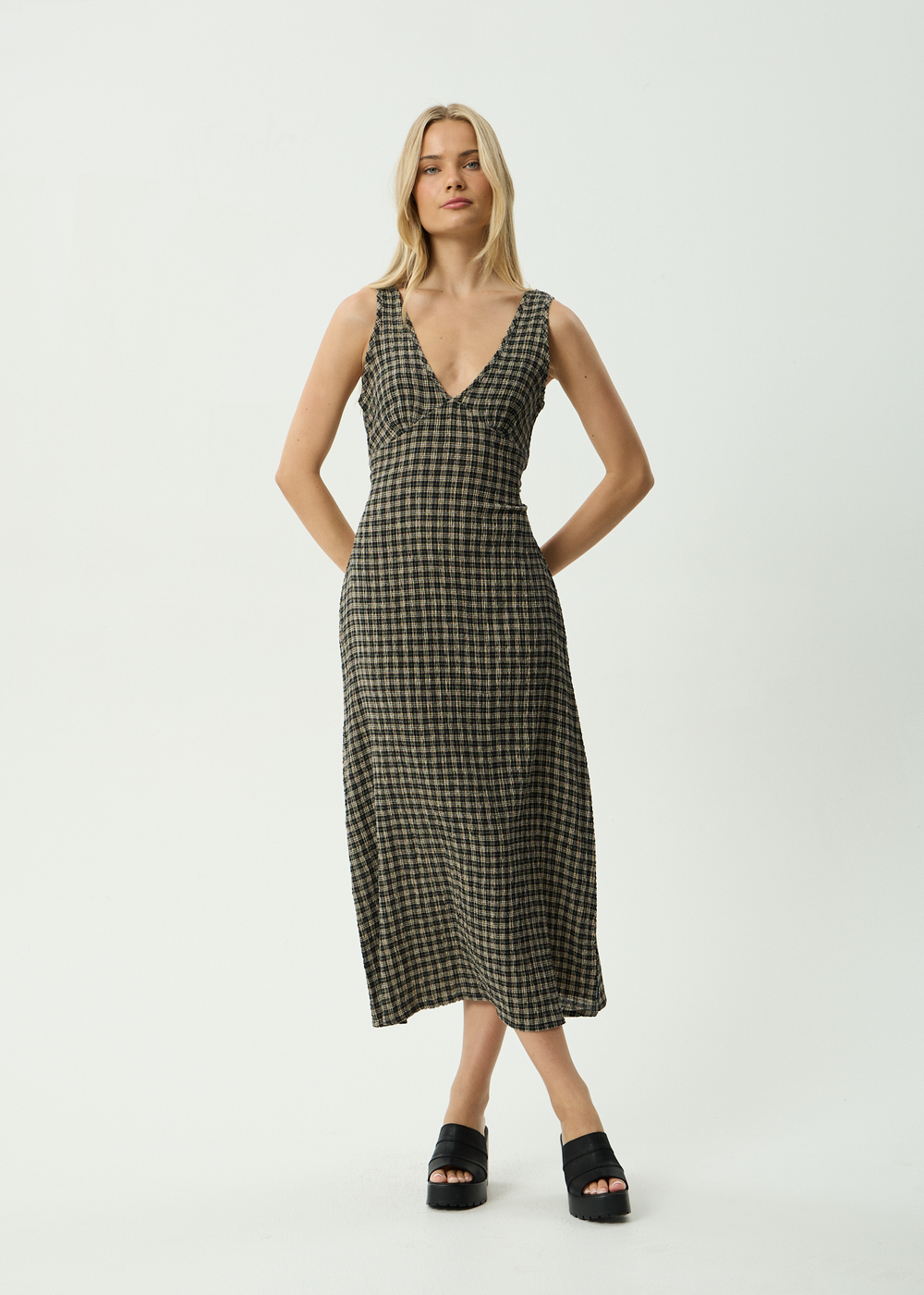 Womens Seersucker Maxi Dress Tully - Tan / Olive Check - AFENDS