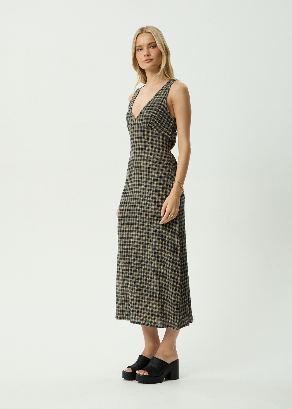 Womens Seersucker Maxi Dress Tully - Tan / Olive Check - AFENDS