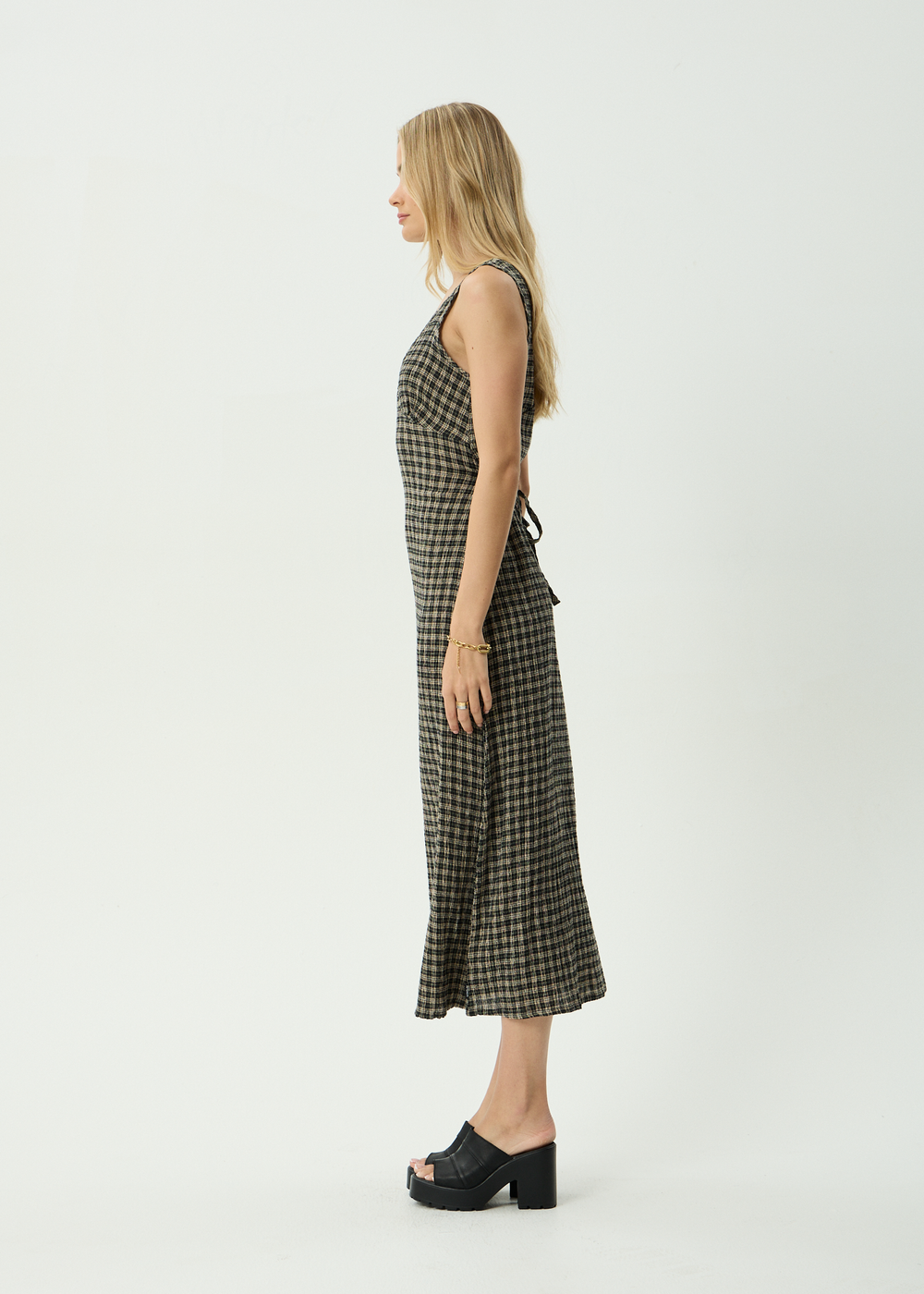 Womens Seersucker Maxi Dress Tully - Tan / Olive Check - AFENDS
