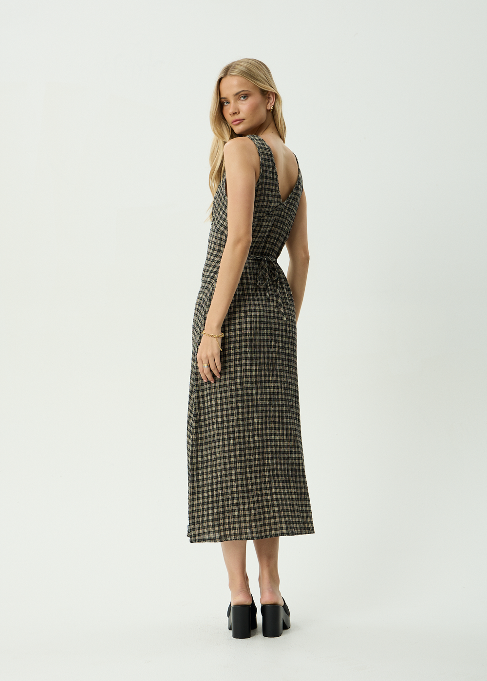 Womens Seersucker Maxi Dress Tully - Tan / Olive Check - AFENDS