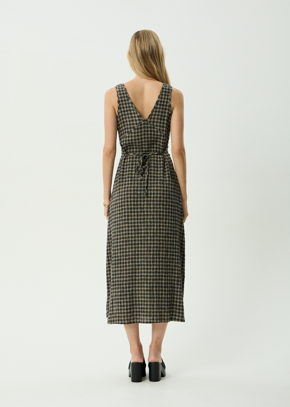 Womens Seersucker Maxi Dress Tully - Tan / Olive Check - AFENDS