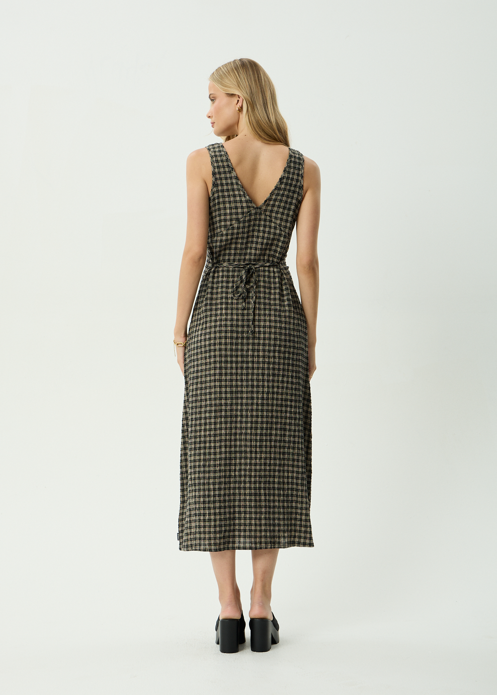 Womens Seersucker Maxi Dress Tully - Tan / Olive Check - AFENDS