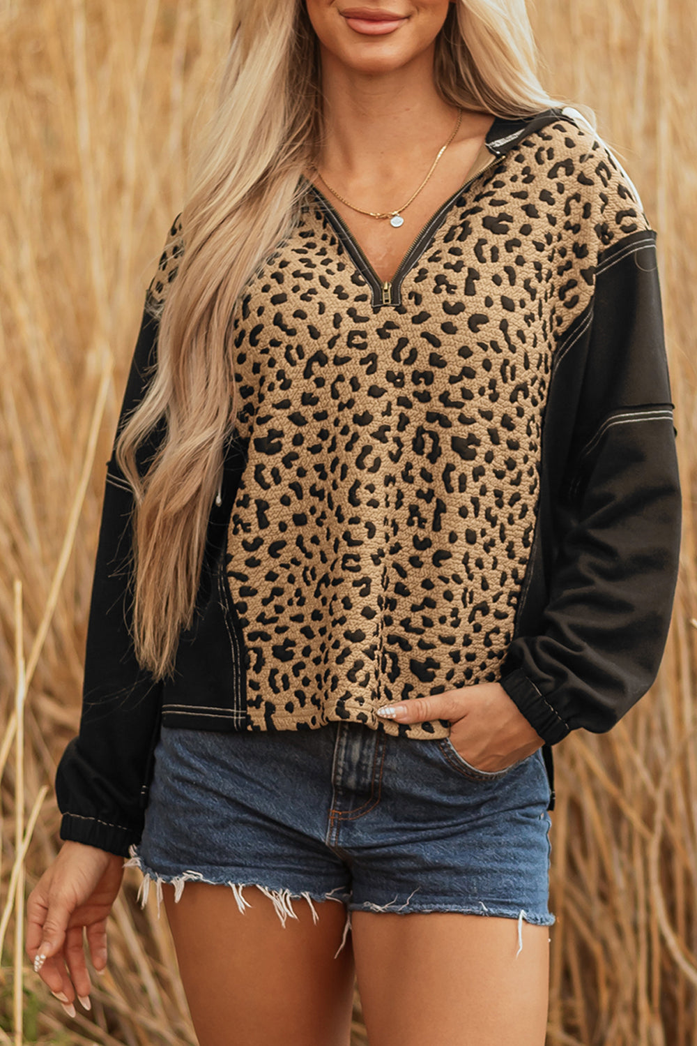 Brown Leopard Patchwork Contrast Stitching Knotted Cuff Quarter Zip