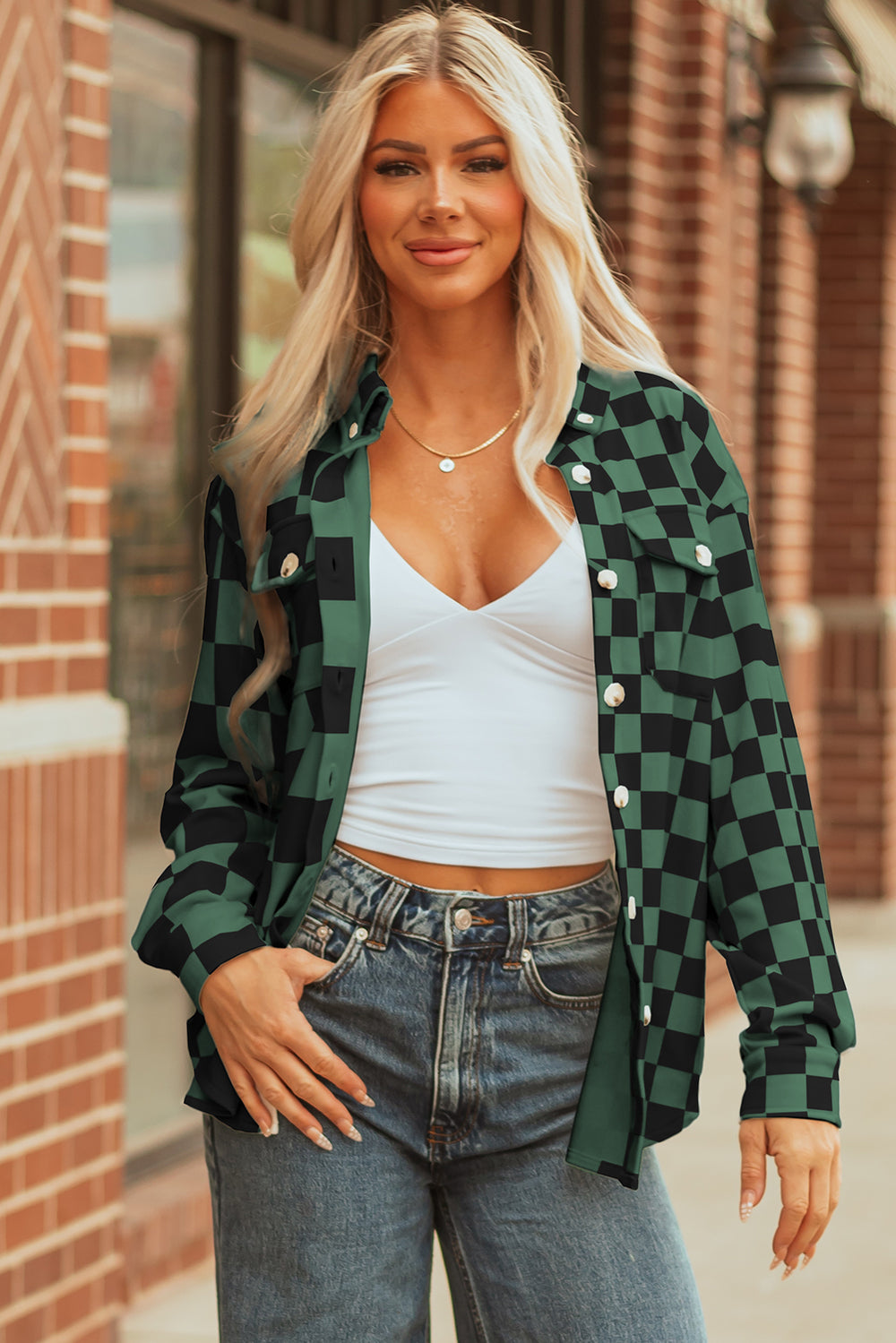 Black Checkerboard Flap Pocket Button Front Shacket