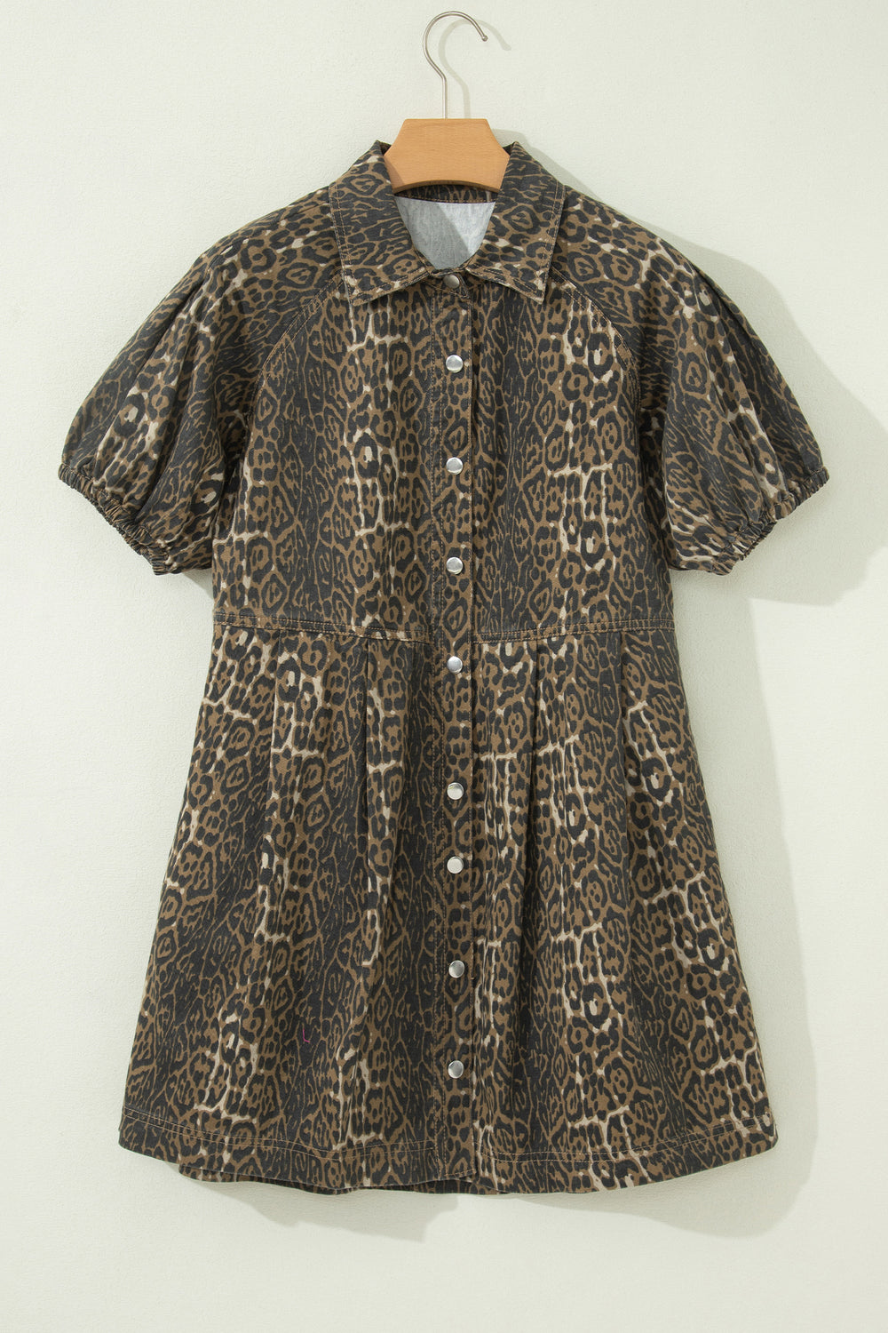 Gray Leopard Print Short Sleeve Pleated Denim Mini Dress