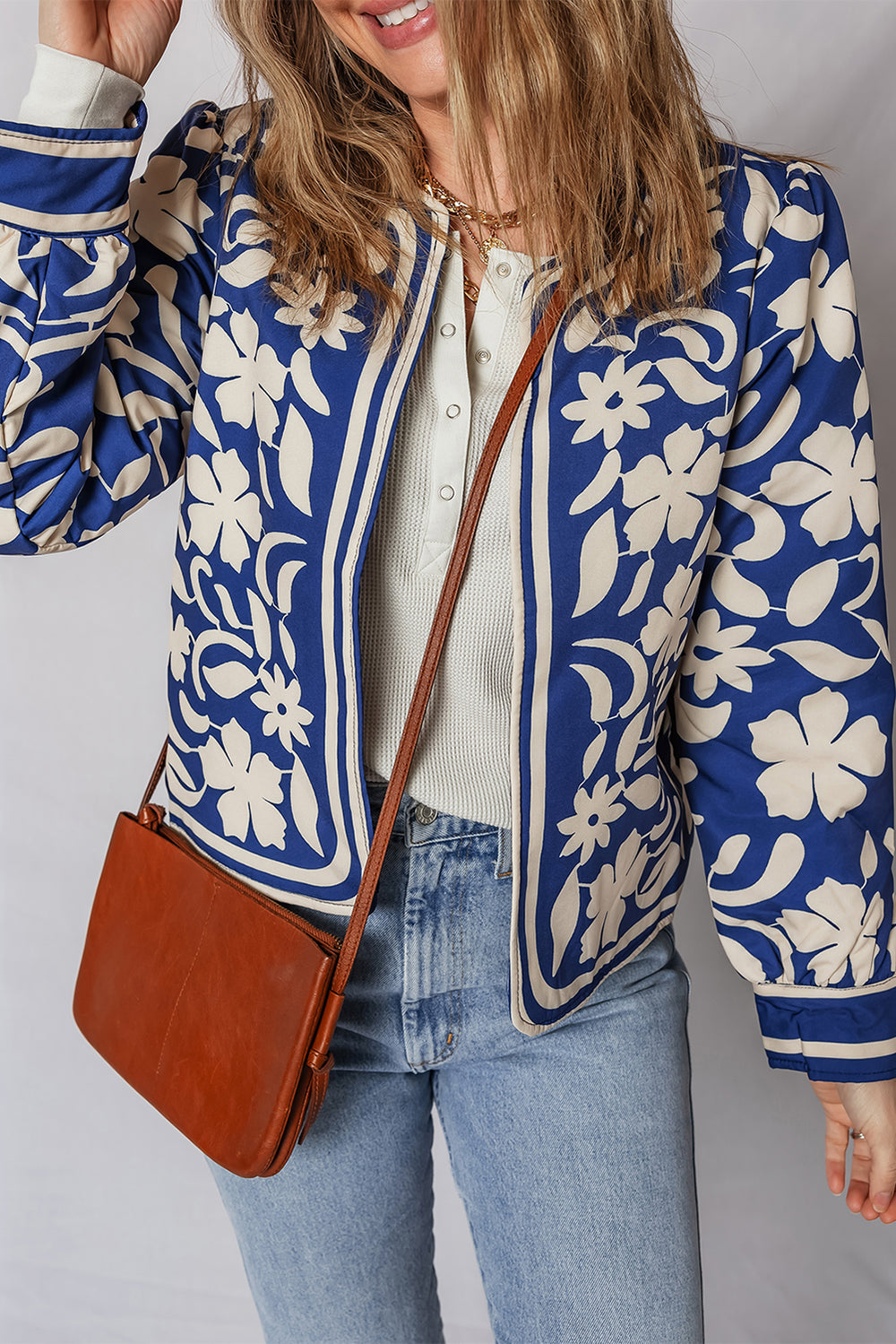 Blue Flower Print Open Front Buttoned Cuffs Elegant Jacket
