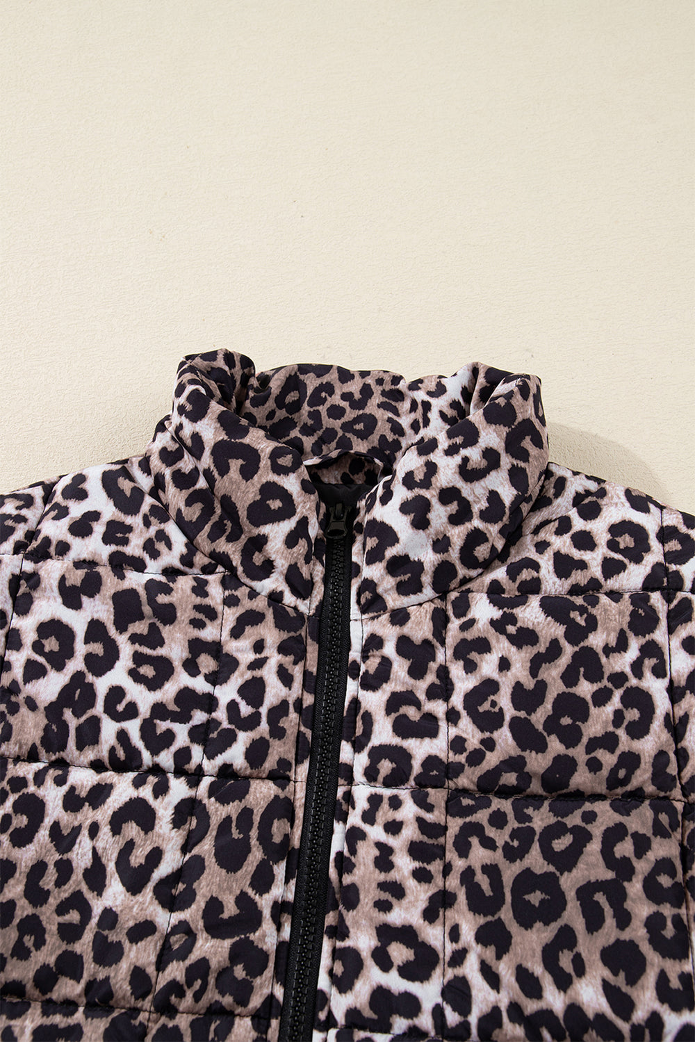 Brown Leopard Quilted Full Zipper Casual Puff Vest