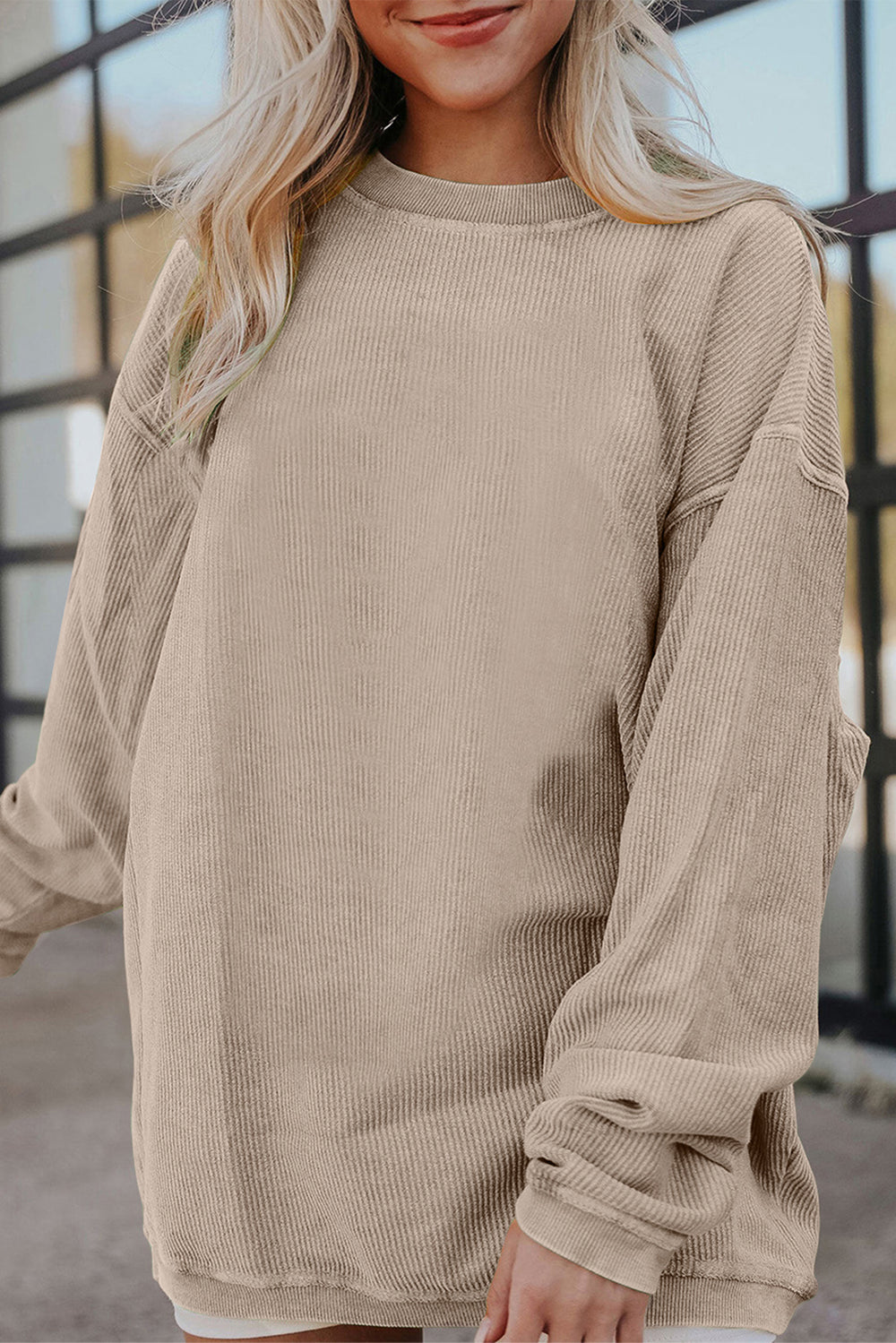 White Ribbed Corduroy Oversized Sweatshirt