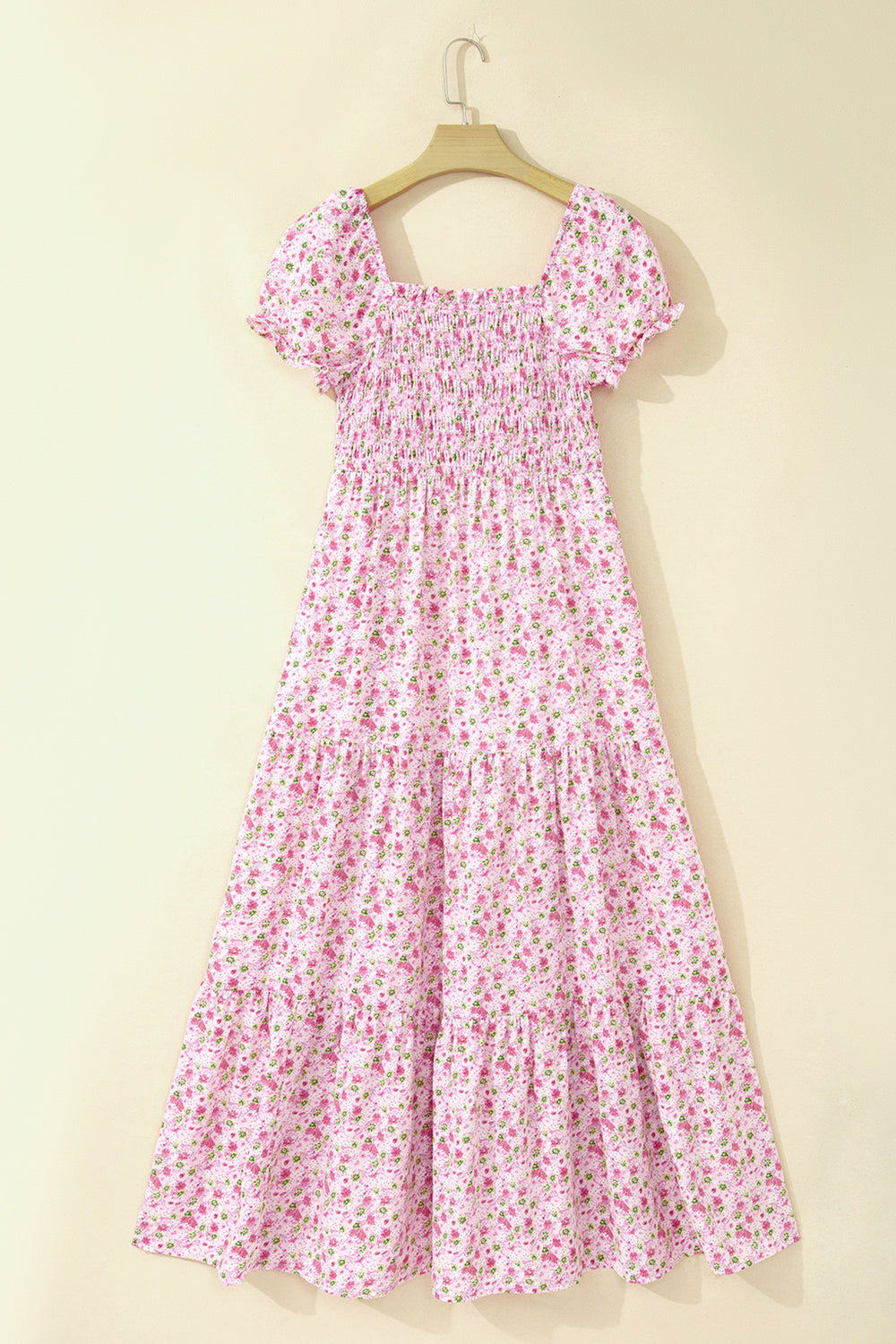 Purple Floral Short Bubble Sleeve Shirred High Waist Maxi Dress