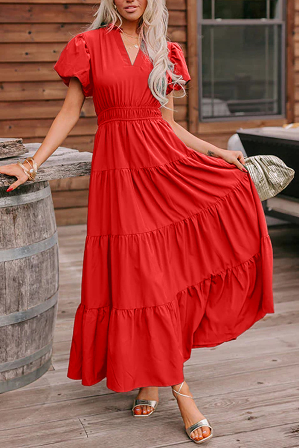 Lavendula Solid Color V Neck Short Puff Sleeve High Waist Tiered Maxi Dress