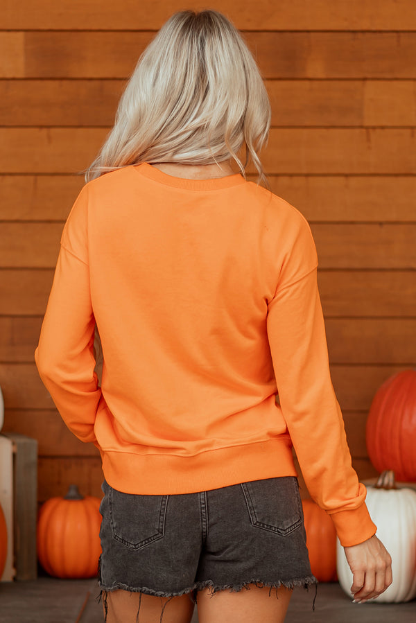 Grapefruit Orange Spooky Graphic Halloween Crew Neck Holiday Sweatshirt