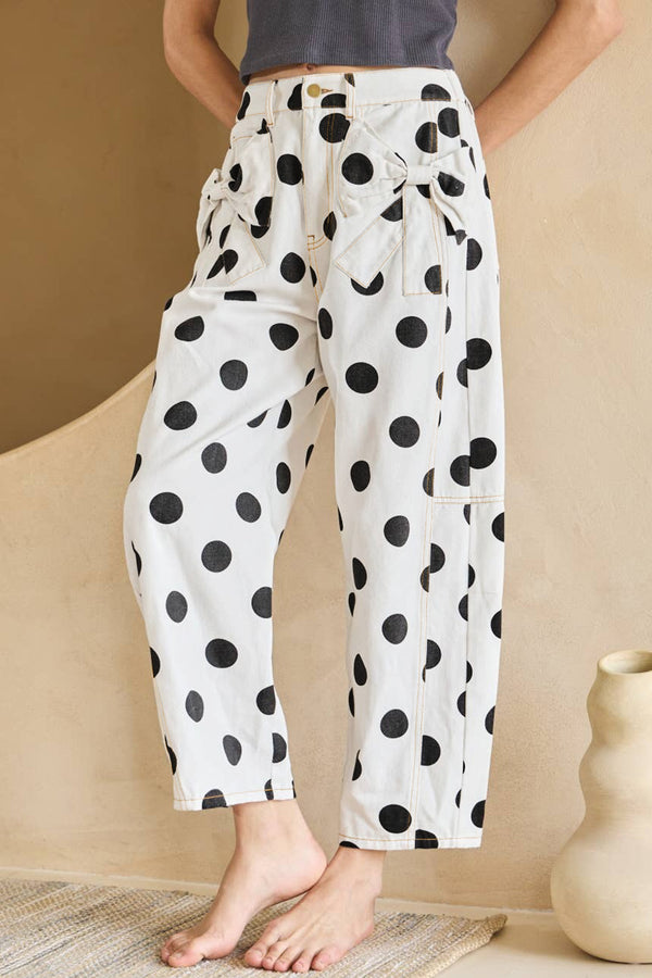White Polka Dot Print Bow Detail Pocketed Barrel Jeans