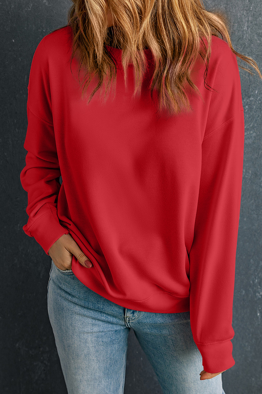 Rose Red Solid Classic Crewneck Pullover Sweatshirt