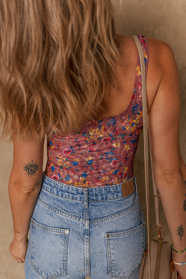 Purple Floral Printed Mesh U Neck Sleeveless Bodysuit