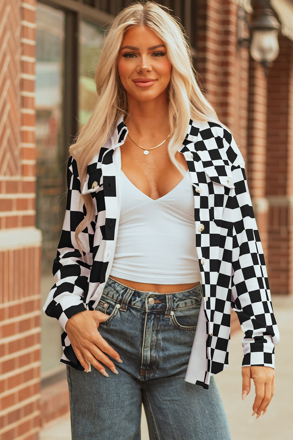 Black Checkerboard Flap Pocket Button Front Shacket