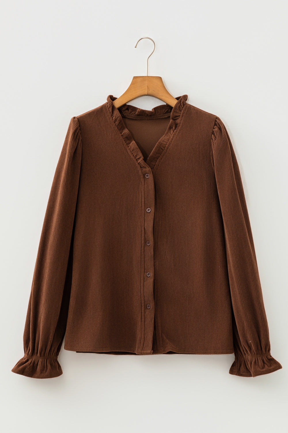 Coffee Solid Color Ruffle Trim V Neck Long Sleeve Button Corduroy S...