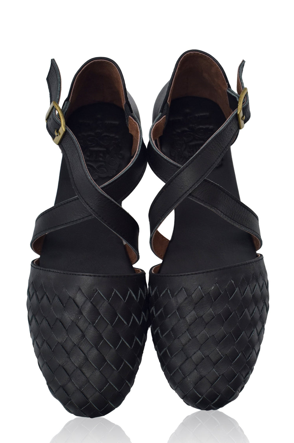 Womens Riviera Woven Leather Flats - Black