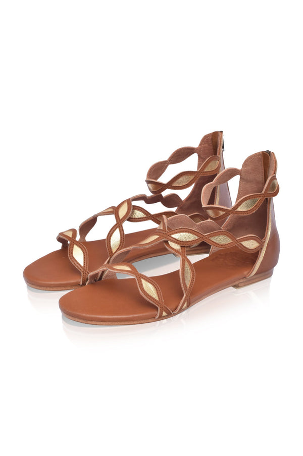 Womens Blossom Floral Leather Sandals - Camel and Gold