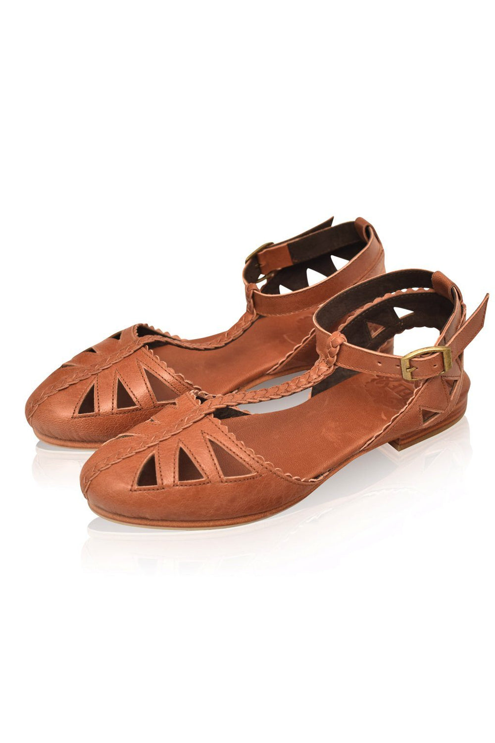 Womens Bounty T-strap Leather Sandals - Vintage Camel