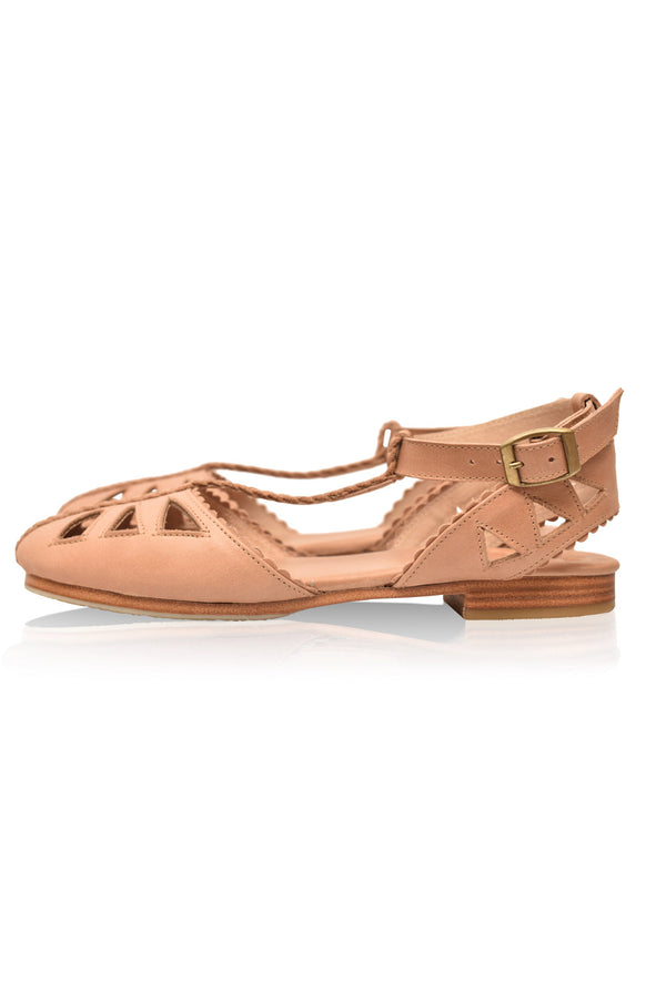 Womens Bounty T-strap Leather Sandals - Vintage Beige