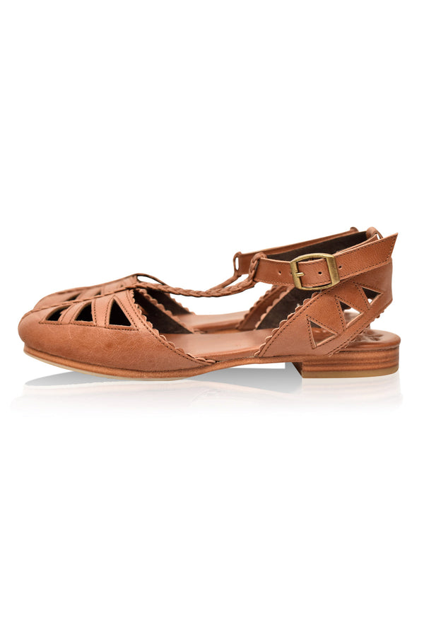 Womens Bounty T-strap Leather Sandals - Vintage Camel