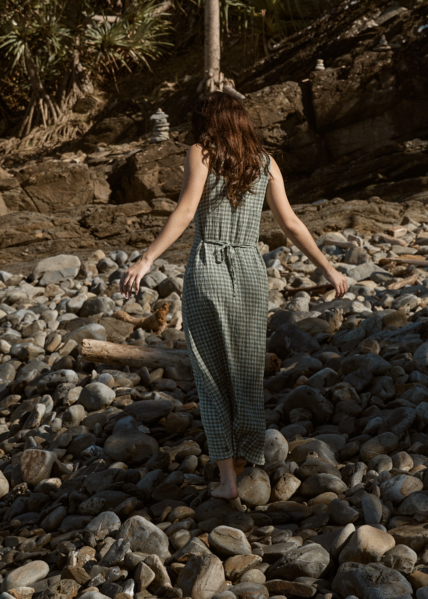 Womens Seersucker Maxi Dress Tully - Base Deep Green Check - AFENDS