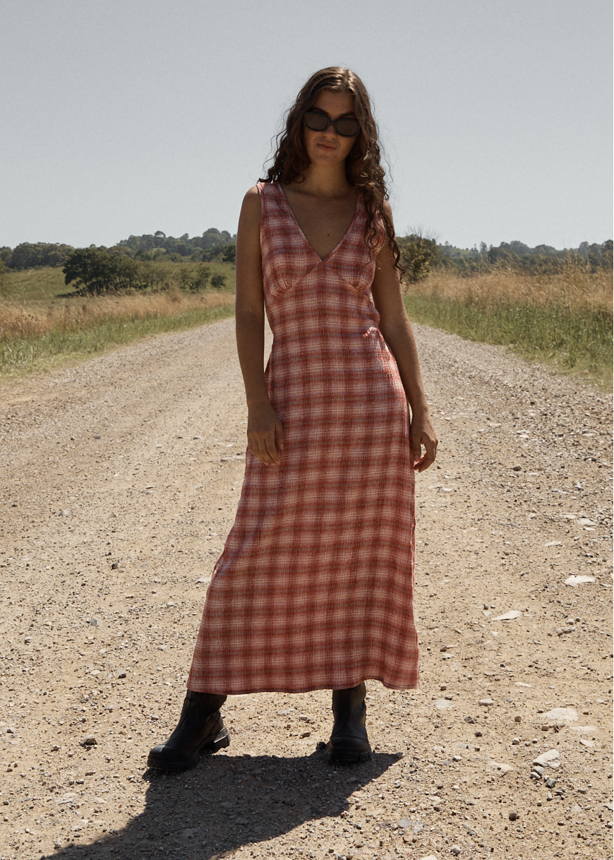 Womens Seersucker Maxi Dress Position Tully - Red Check - AFENDS