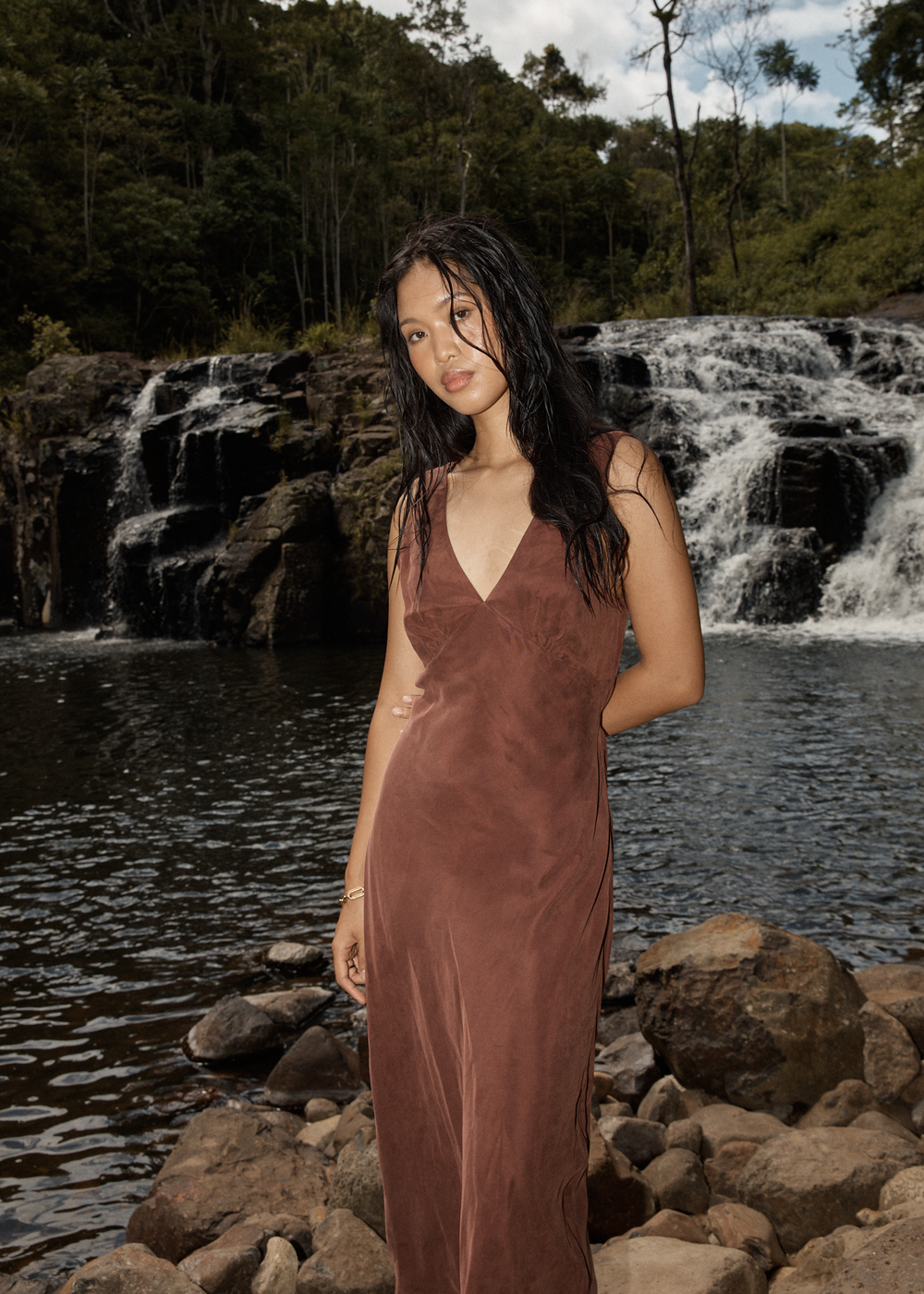 Womens Cupro Maxi Dress Gia - Hazelnut - AFENDS