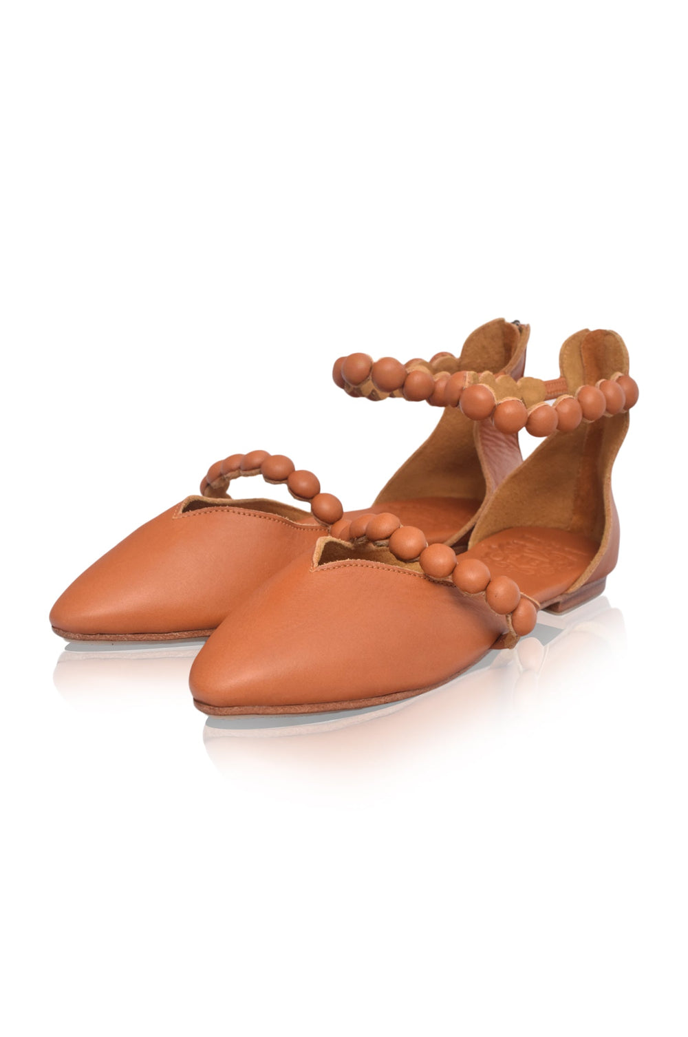 Womens Carmella Ankle Strap Leather Ballet Flats - Dark Tan
