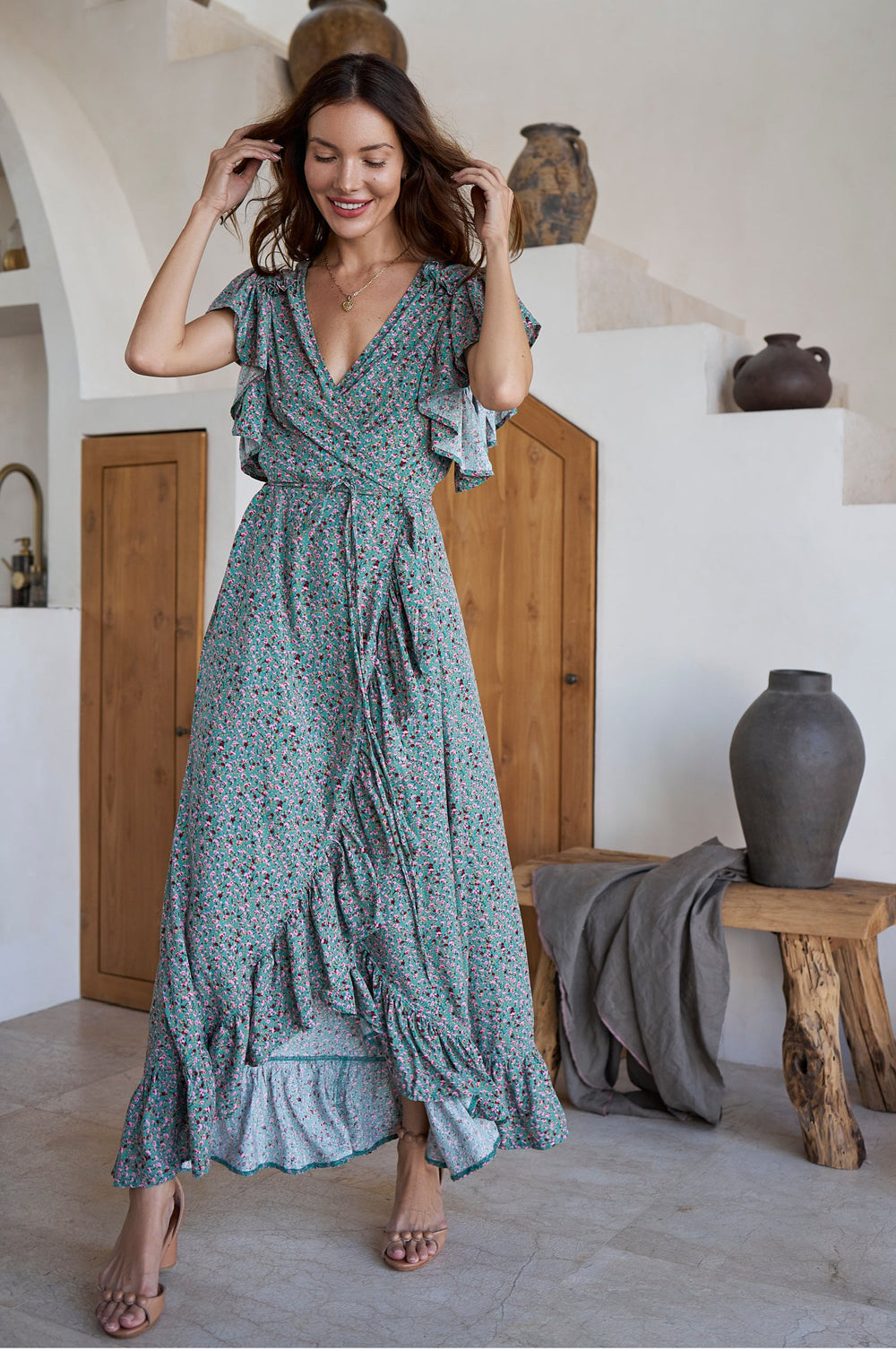 Womens Carmen Wrap Maxi Dress - White Floral