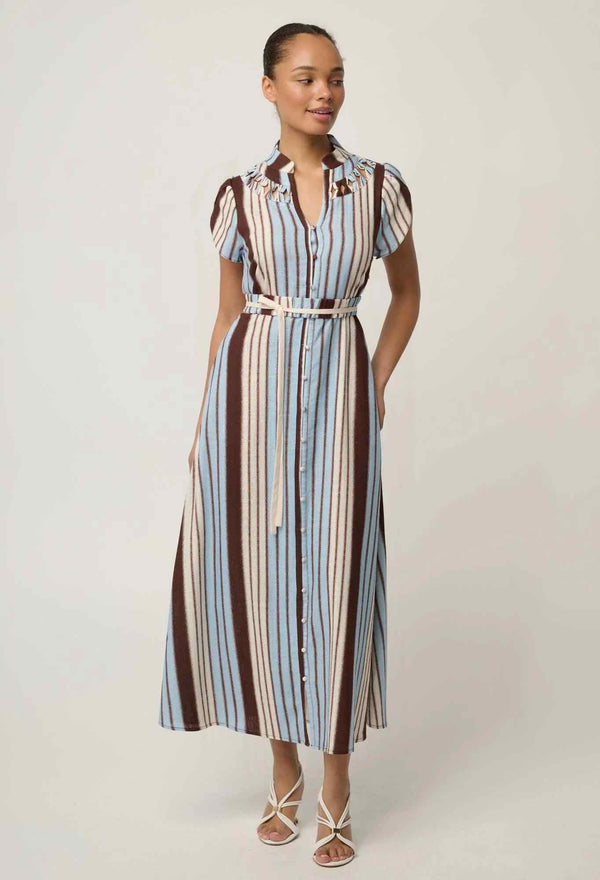 Cattleya Linen Viscose Smock Maxi Dress in Indescent Stripe